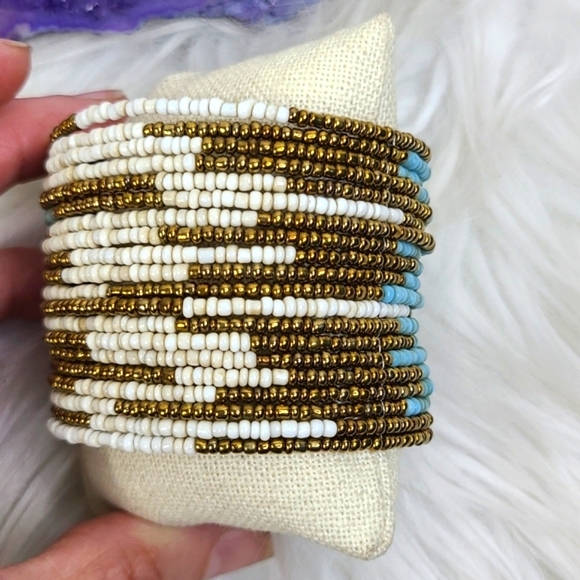 Beaded Cuff Bracelet Southwest Inspired Seed Beads Turquoise Bronze White Unique - Picture 5 of 5